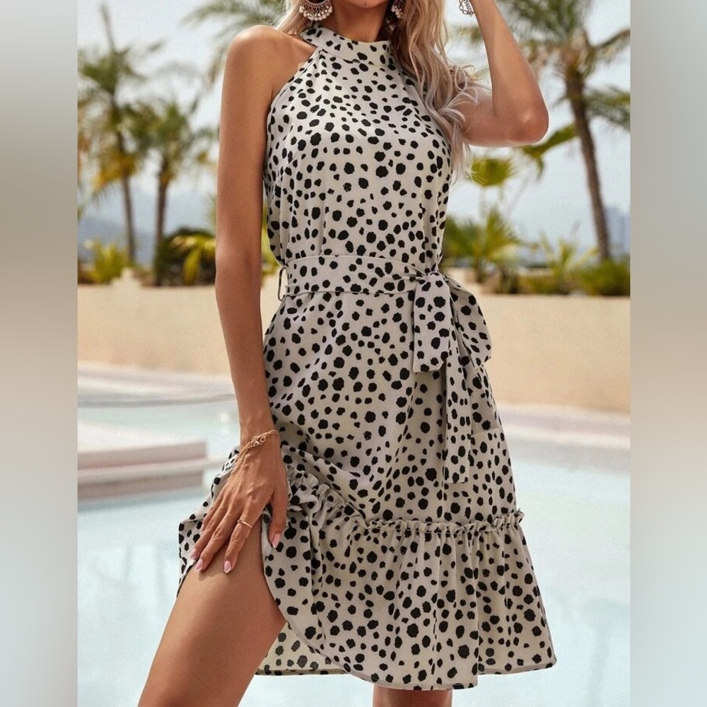 Shein Dalmatian Print Belted Halter Dress